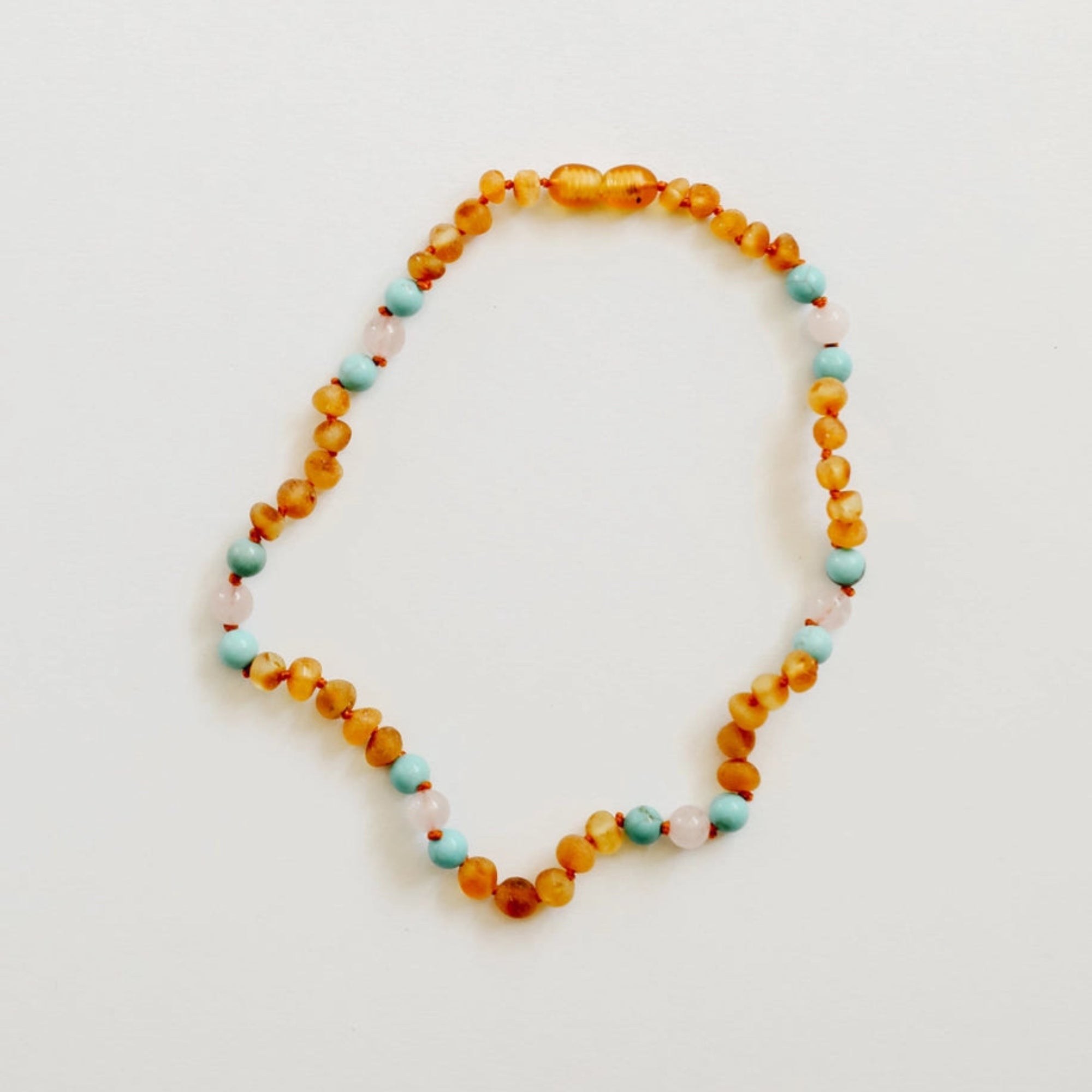 Raw Honey Baltic Amber + Turquoise + Rose Quartz Necklace - 11''