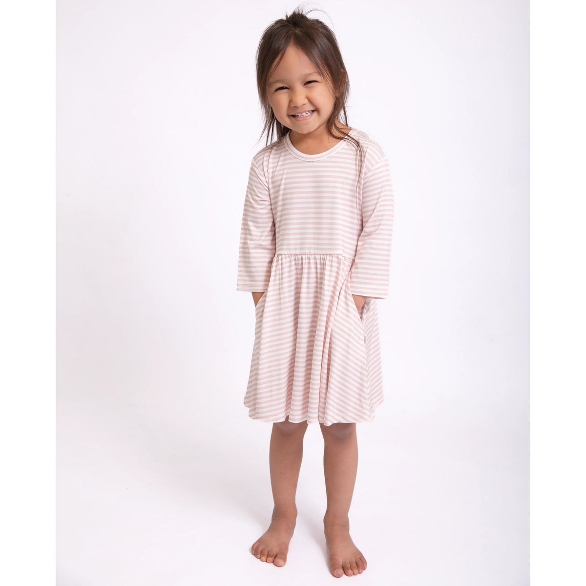 3/4 Sleeve Dress - Pink Stripes