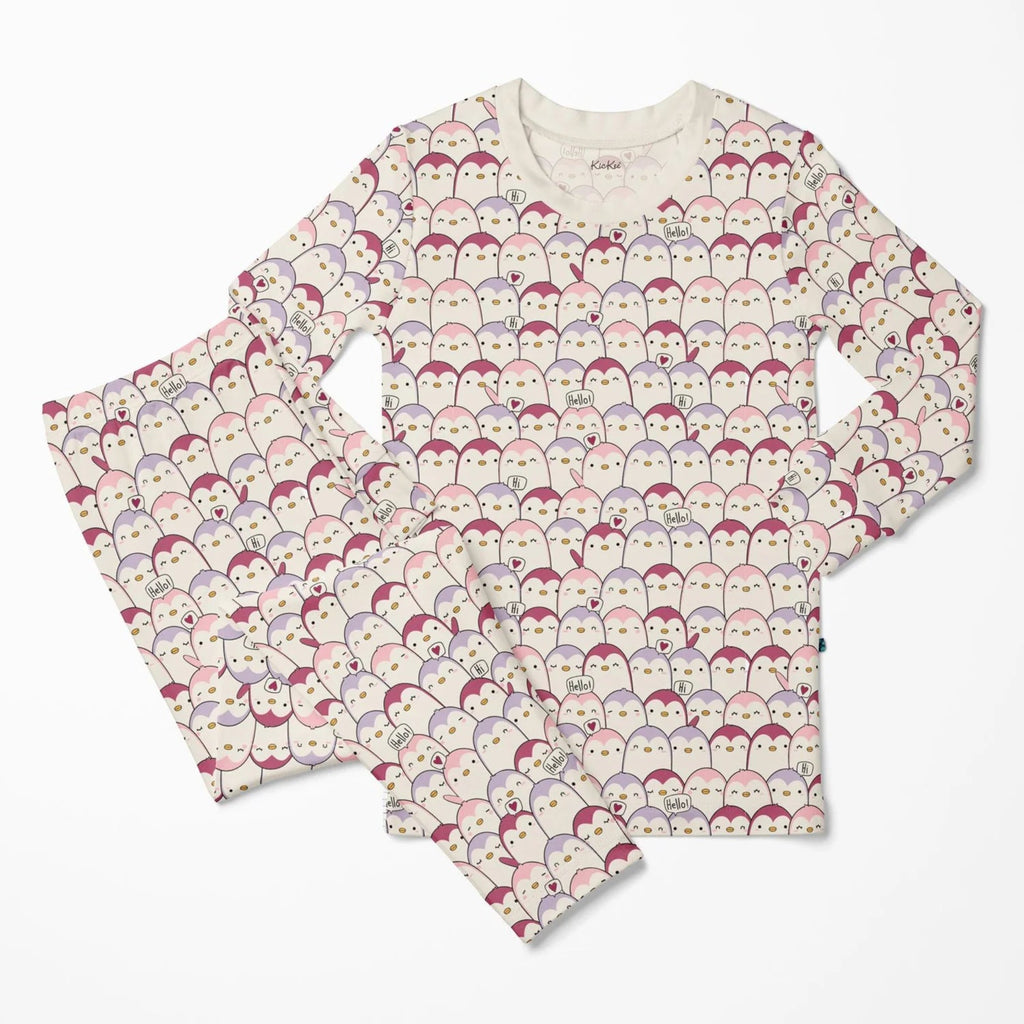 Print Long Sleeve Kimono Pajama Set Baby Rose Penguins