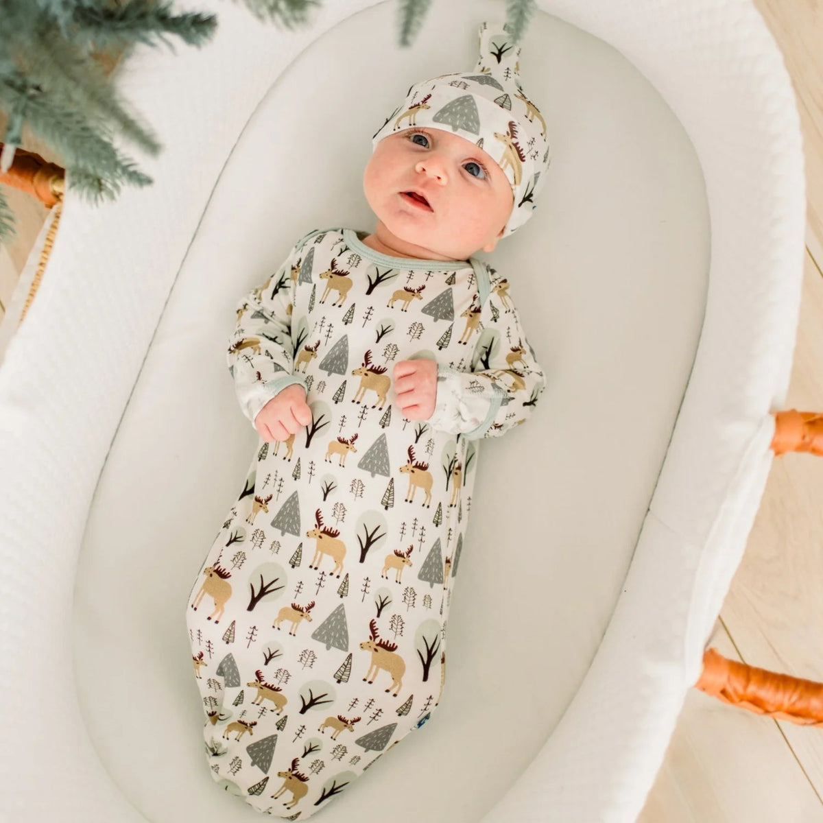 Print Knotted Layette Gown & Hat Set Natural Forest Moose