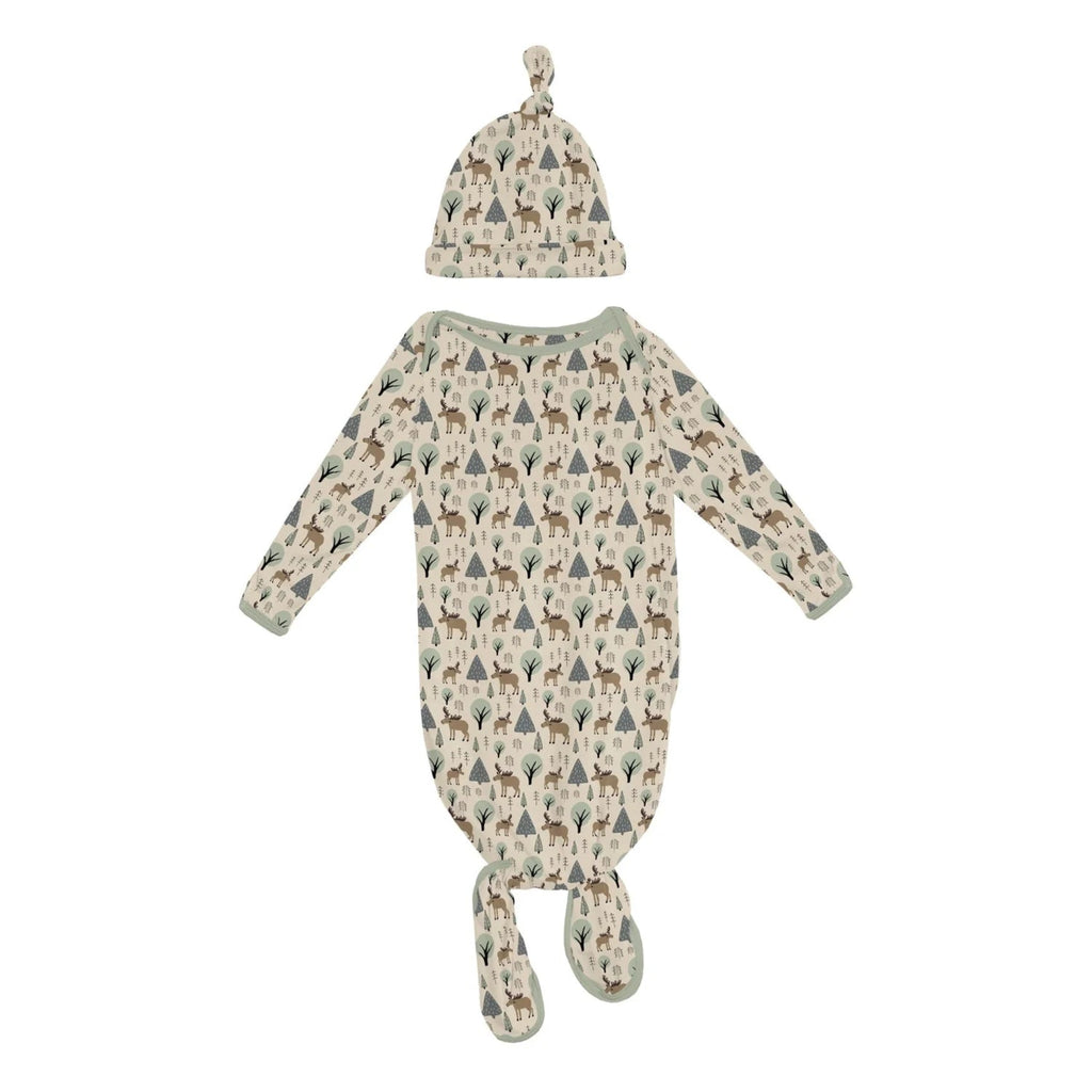 Print Knotted Layette Gown & Hat Set Natural Forest Moose