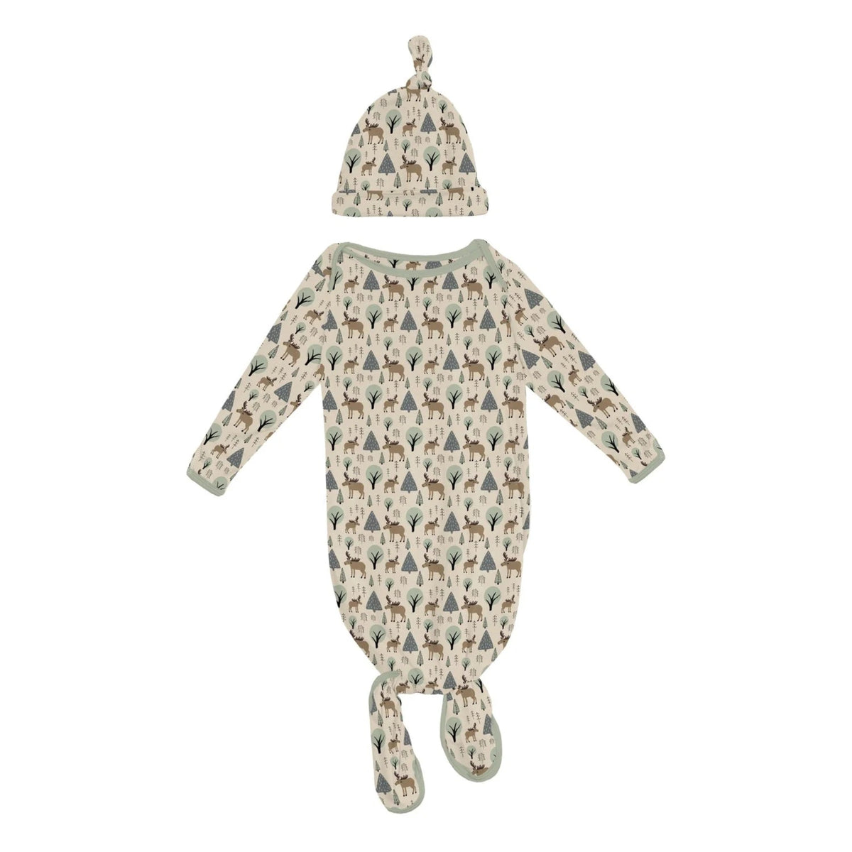 Print Knotted Layette Gown & Hat Set Natural Forest Moose