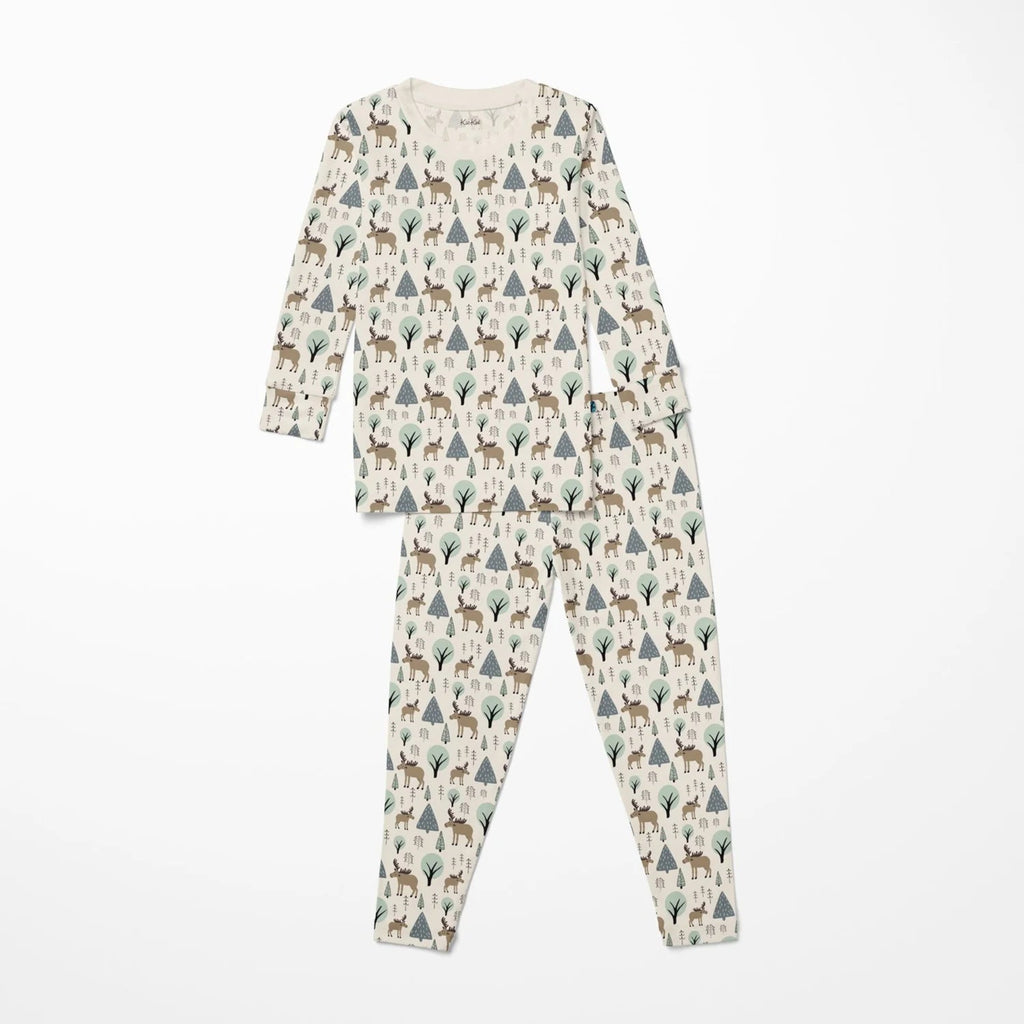 Print Long Sleeve Kimono Pajama Set Natural Forest Moose