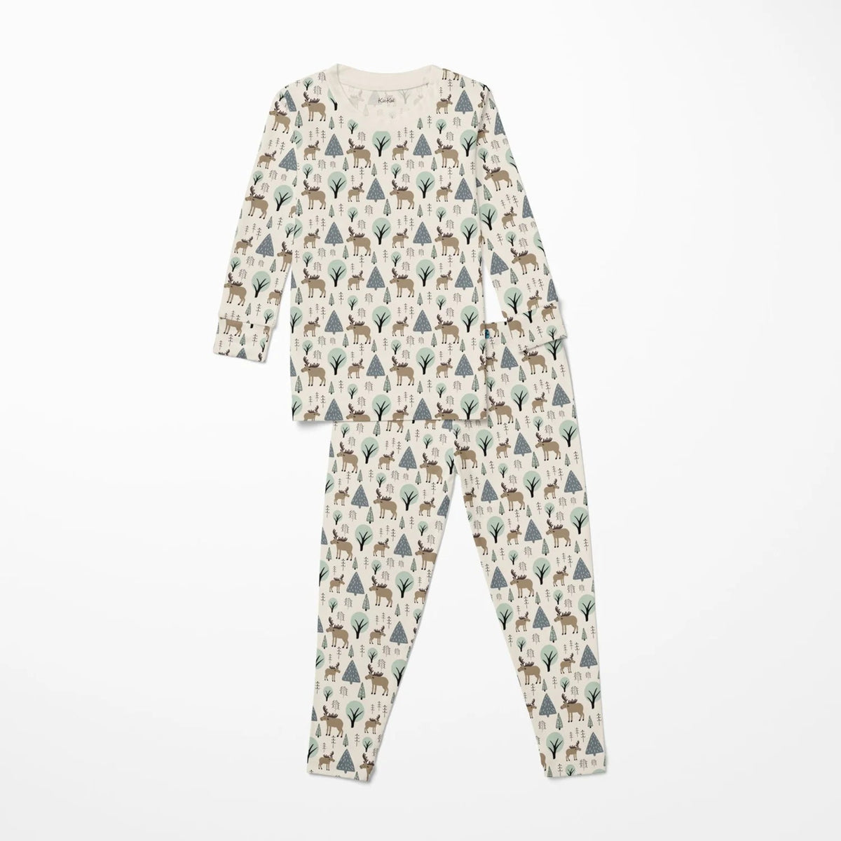 Print Long Sleeve Kimono Pajama Set Natural Forest Moose