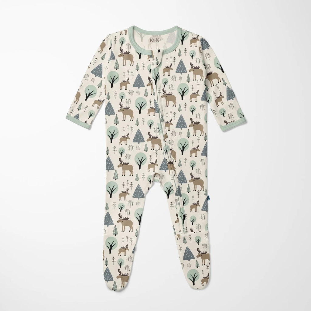 Print Footie with 2 Way Zipper Natural Forest Moose