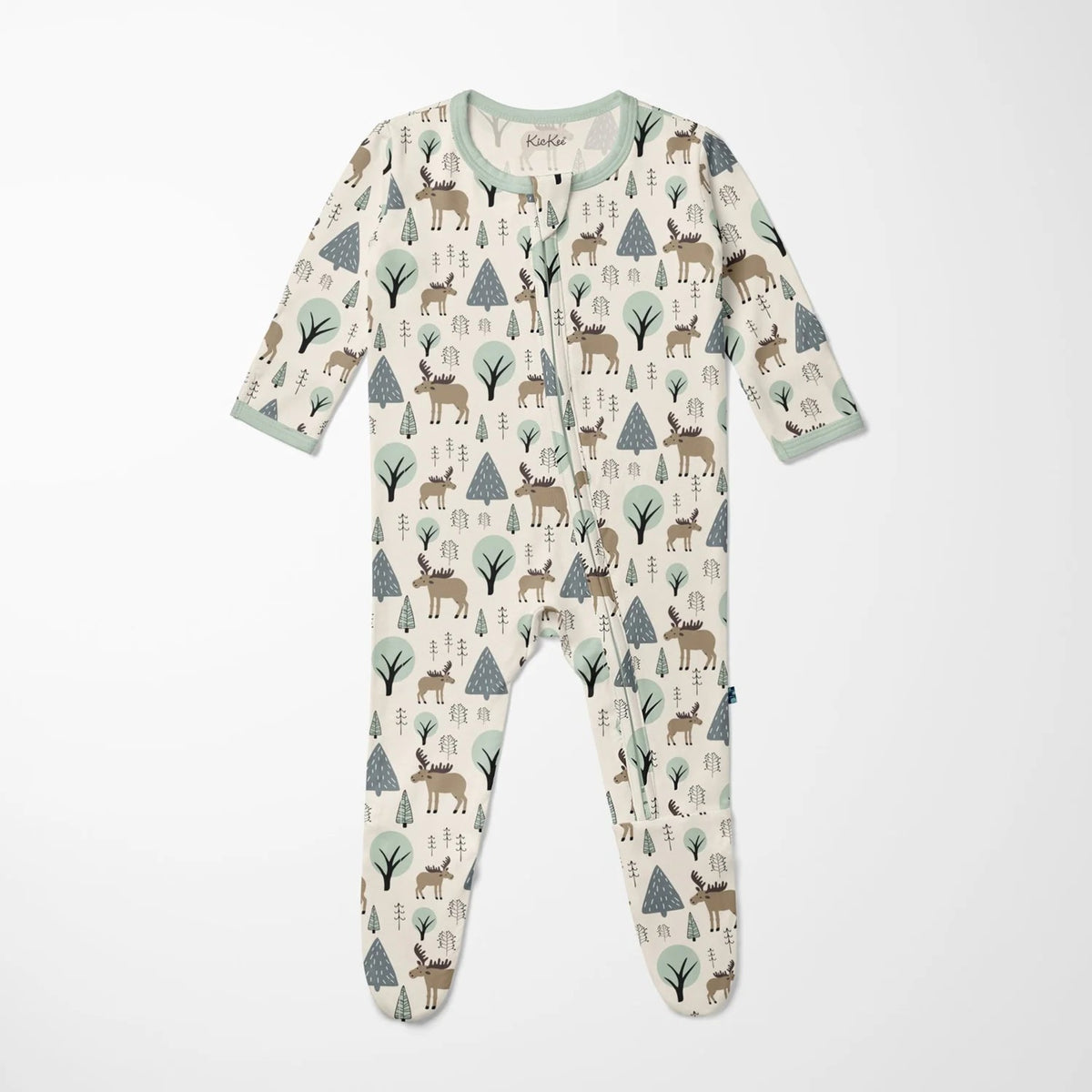 Print Footie with 2 Way Zipper Natural Forest Moose