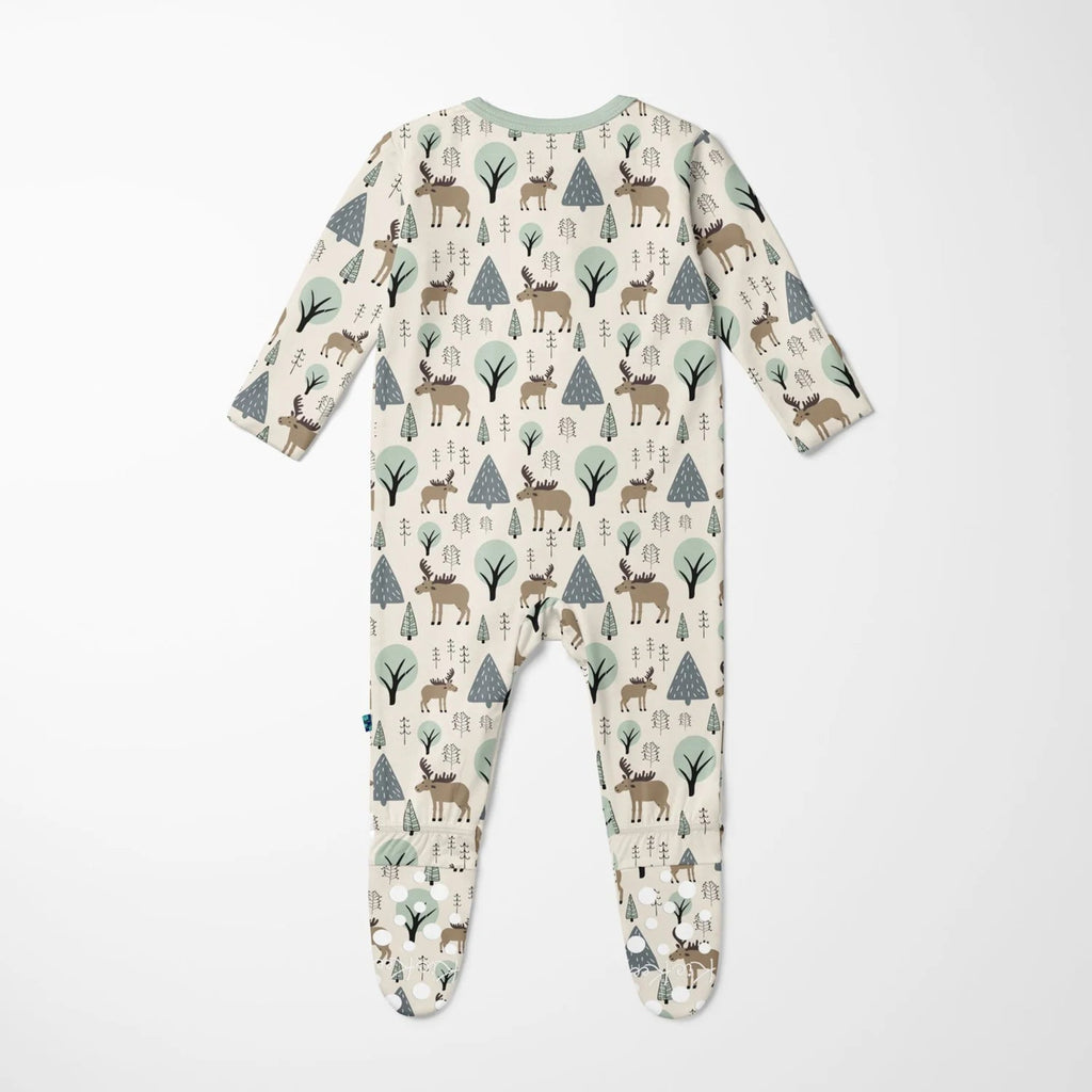 Print Footie with 2 Way Zipper Natural Forest Moose