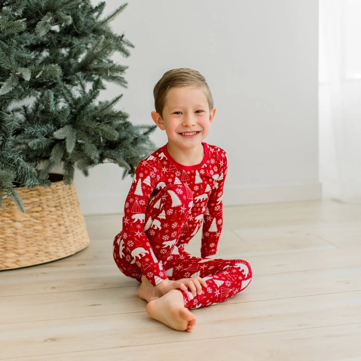 Print Long Sleeve Kimono Pajama Set Crimson Polar Bear