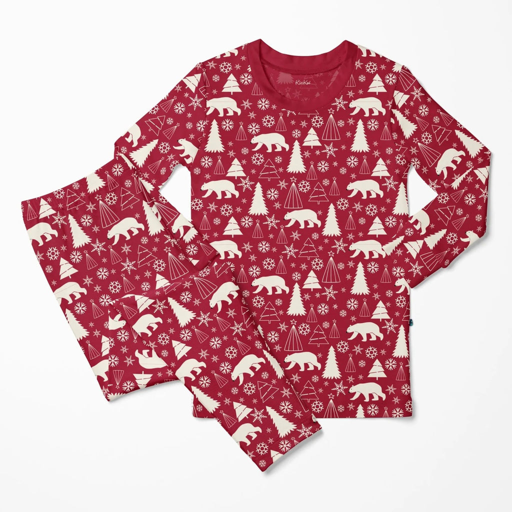 Print Long Sleeve Kimono Pajama Set Crimson Polar Bear