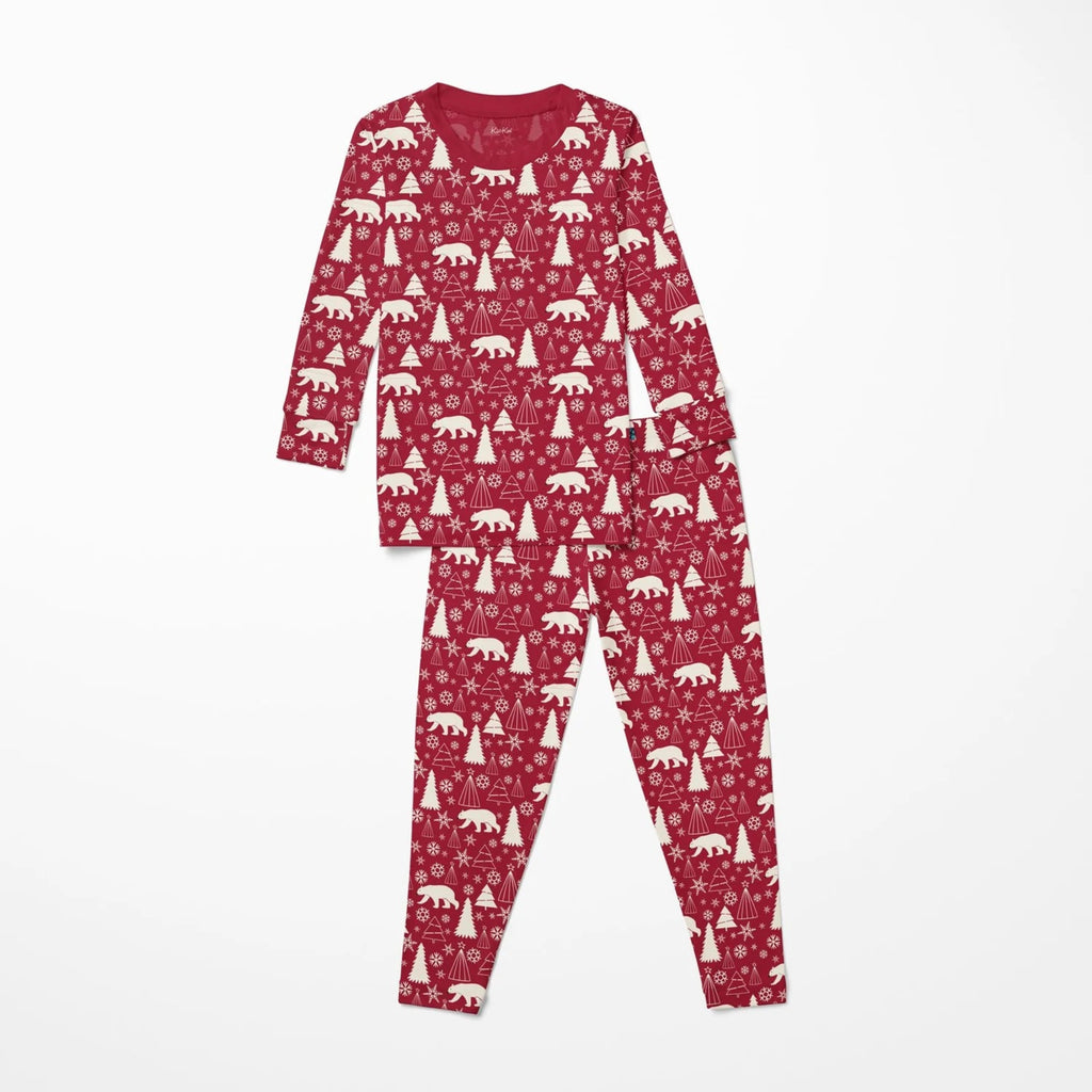 Print Long Sleeve Kimono Pajama Set Crimson Polar Bear
