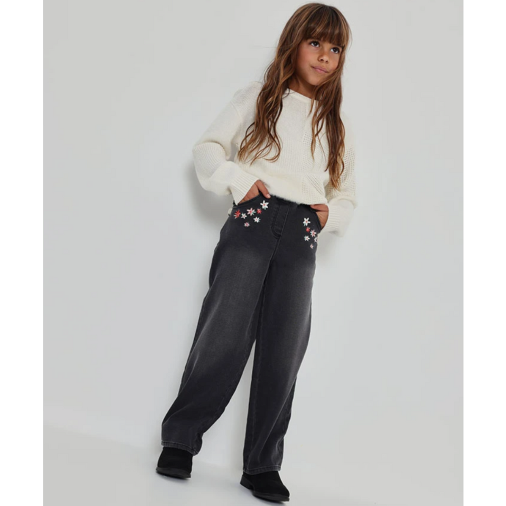 Black Embroidered Floral Denim Pant