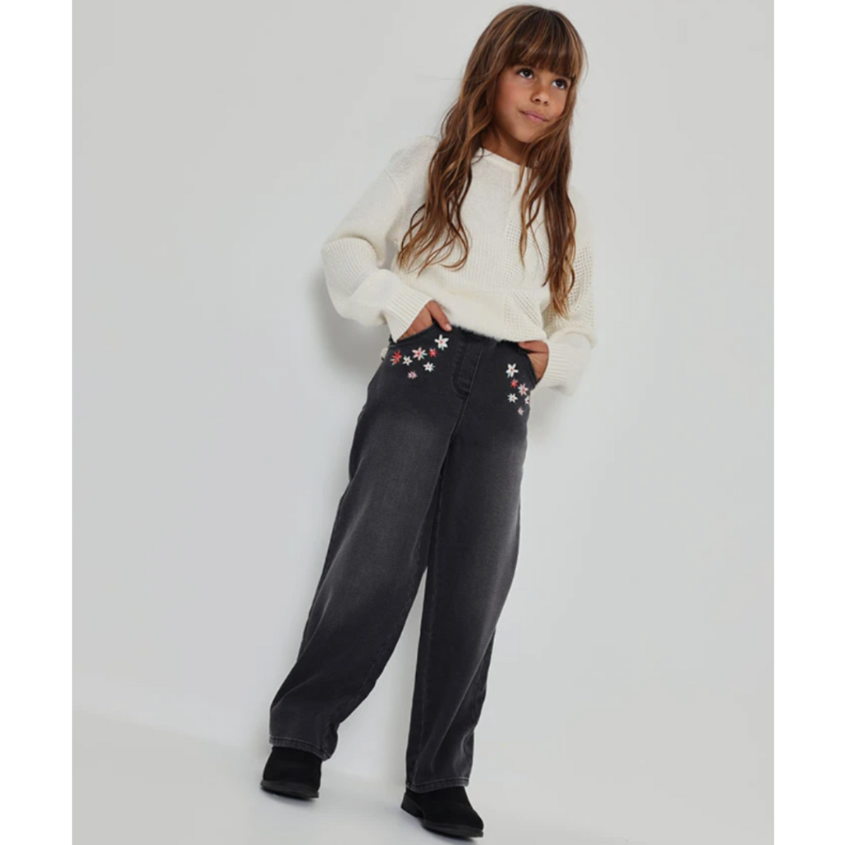 Black Embroidered Floral Denim Pant