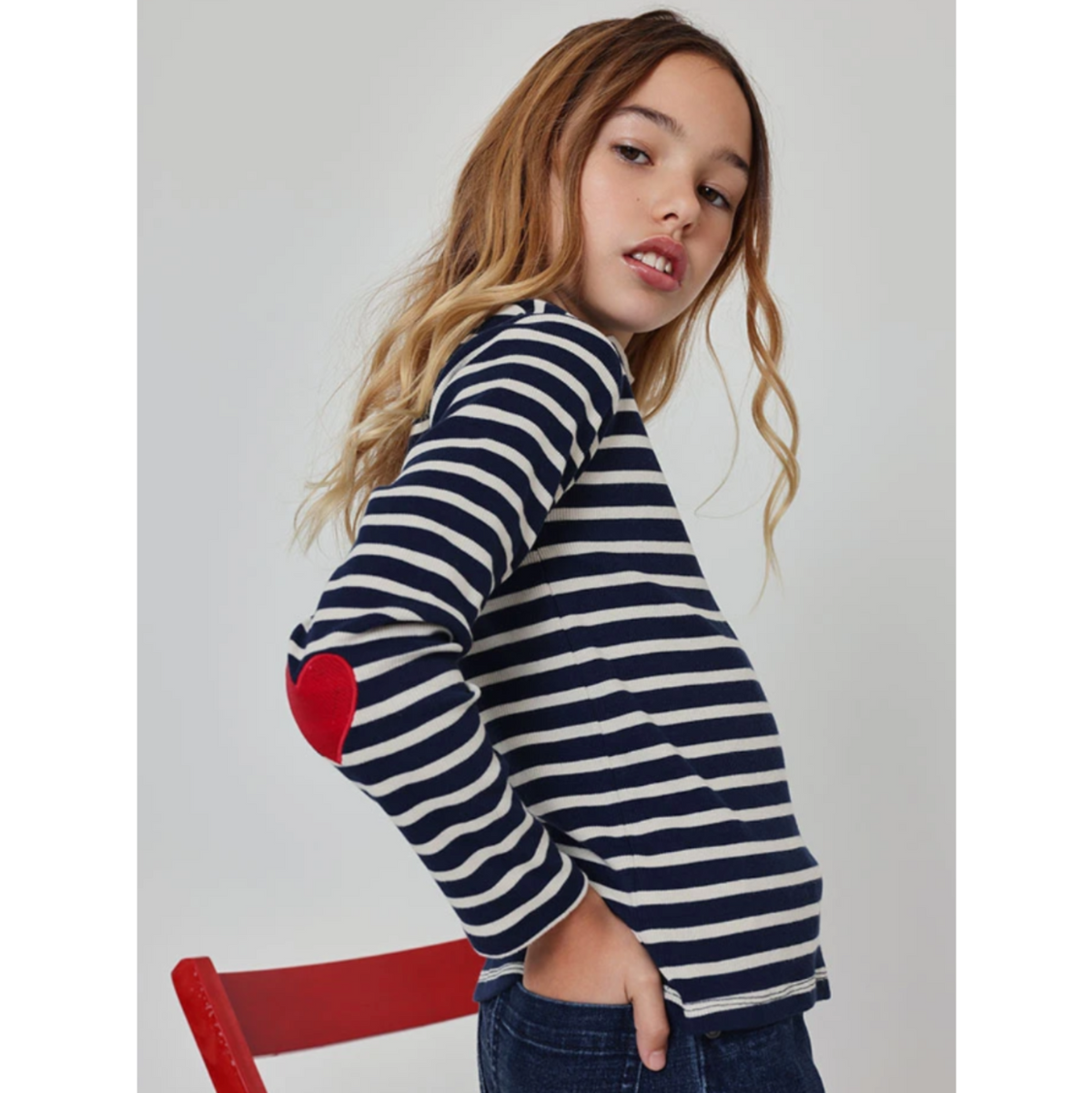 Navy Stripe Long Sleeve Tee Heart Elbow