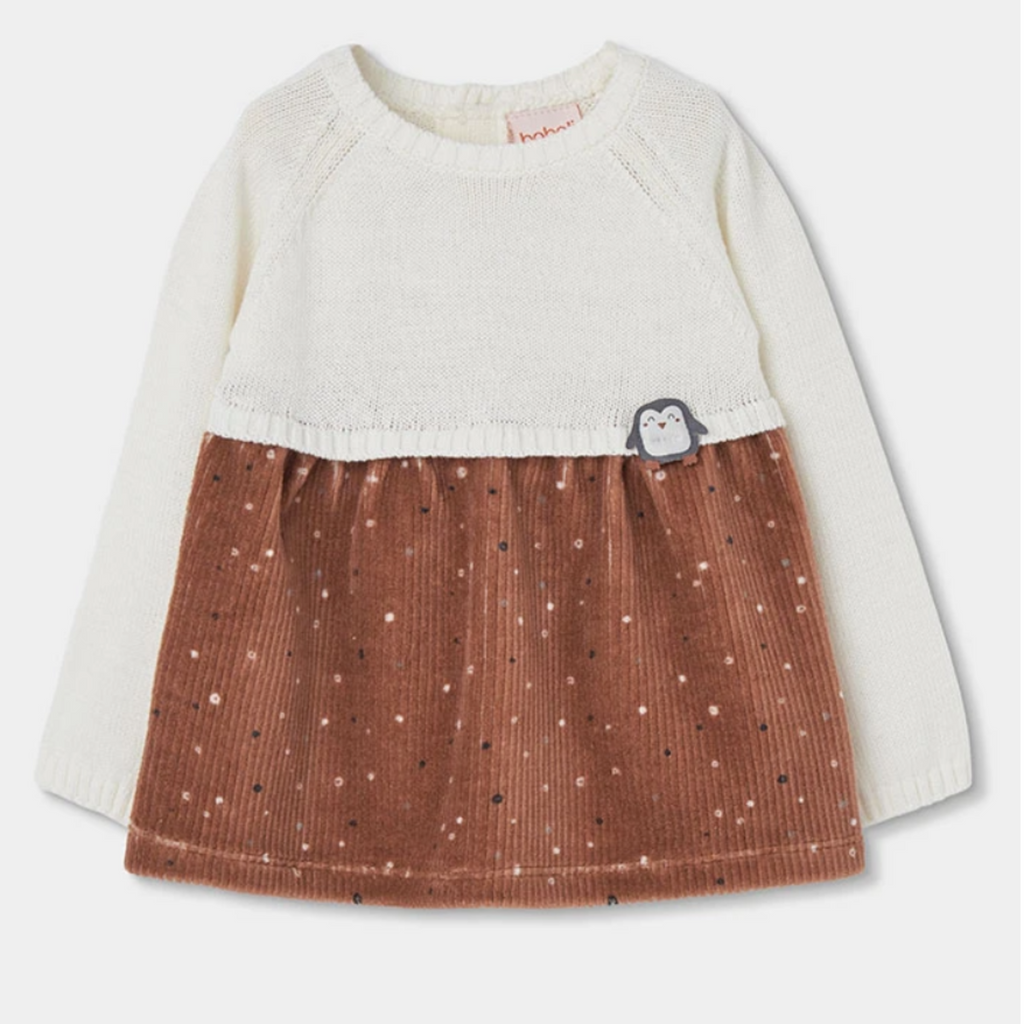 White Knit Dress Brown Skirt Penguin